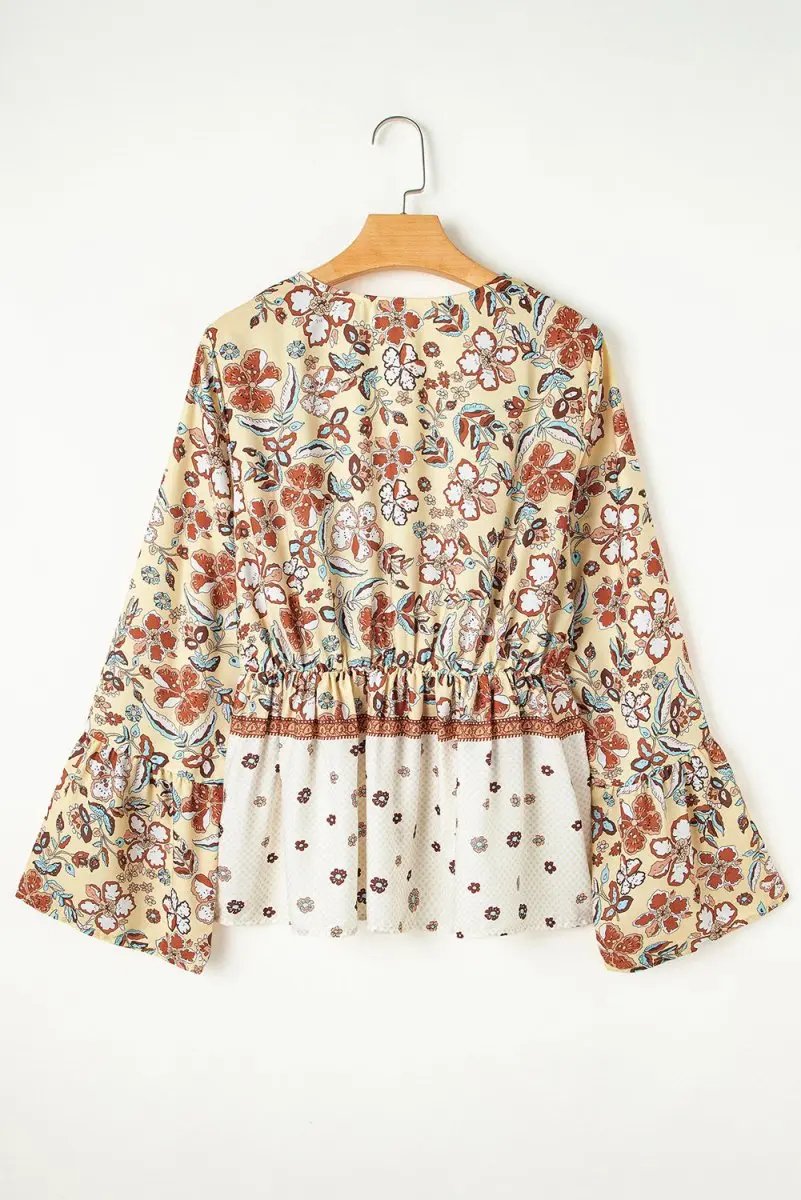 Yellow Printed Floral Bell Sleeve V Neck Wrapped Blouse - Love Salve